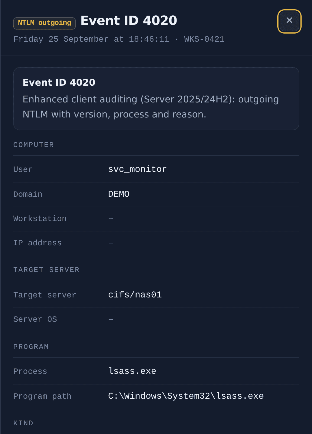Event detail drawer showing all raw fields of a single logon with explanations
